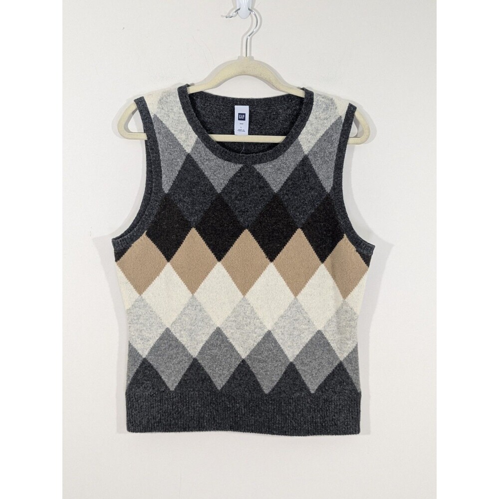 NWT Women’s Gray Beige Argyle V-Neck Sweater Vest Size L Vintage Lambswool